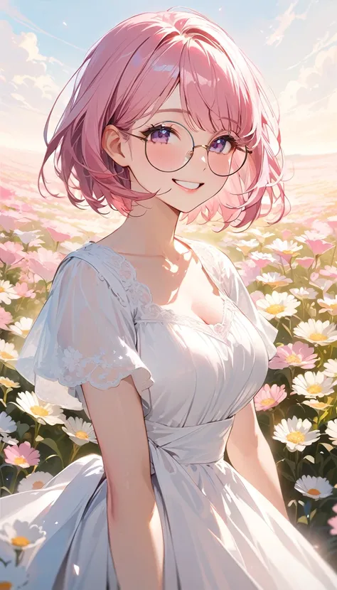 Super Detail, Highest quality, woman ,　A big smile, Pink Hair,Short Bob,Round Glasses, Dress neatly,　An atmosphere of joy ,Flower Field,成熟したwoman