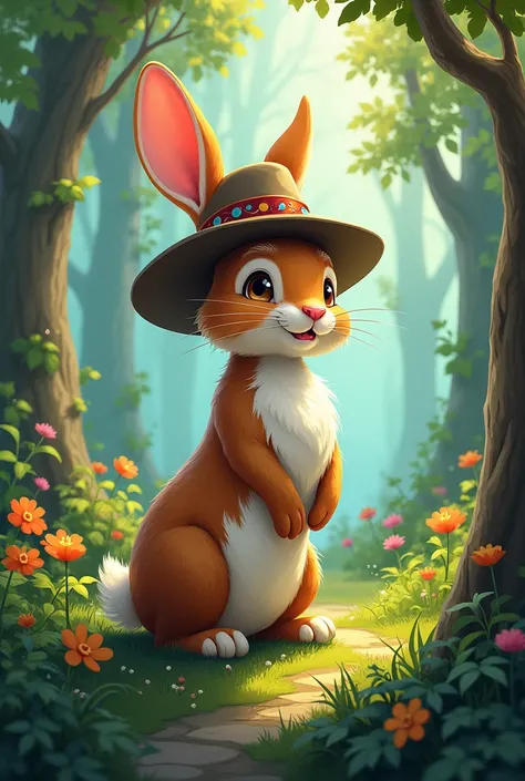 Rabbit wearing a hat, 2D image, forest in background 