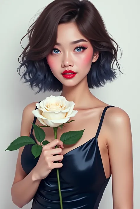 Create a highly detailed hyperrealistic drawing of a beautiful Indonesian woman with short brown wavy blue hair blue eyes red lips wearing a shiny black high blue satin dress holding a white rose