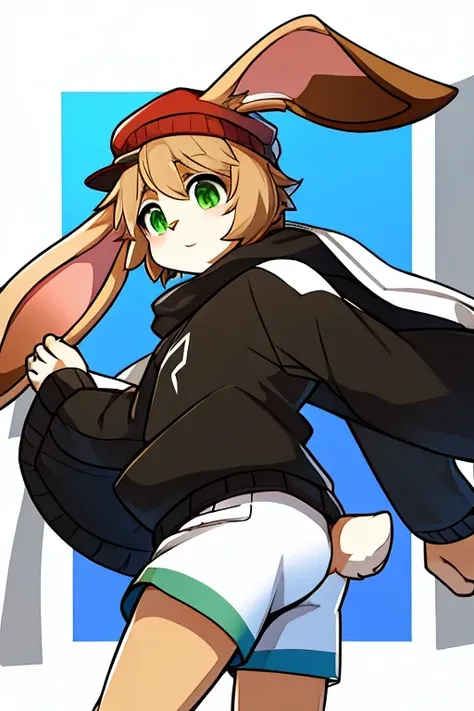 rabbit, floppy ears, white and light brown fur, green eyes , Red Cap, black sweater with white sleeves, shorts negros