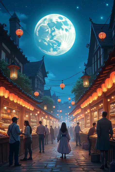 Jiebing、magic、night、full moon、people、star、market、Open-air business、Cobblestone Street、Western city、Lots of lanterns