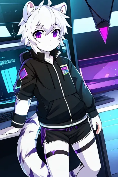 White fur tiger, little, adolescent , with white tail, White hair, black jacket, address shirt, shorts negros, purple eyes, hacker