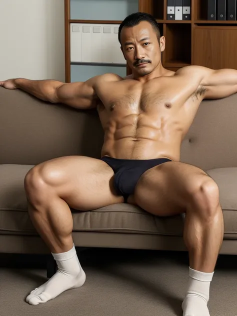 40 years old，Hidetoshi Nakata，（Kogoro Mori 1.3），whole body，Lean，muscle，office，Black socks，Feet raised，surrender，sofa，Baldhead ，transparent，Thick body hair，underwear，Topless，Densely hairy，Fortitude，HD，With a mustache