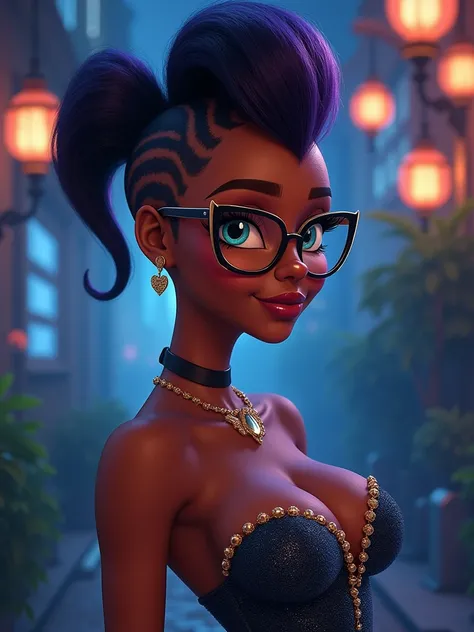 princess Tiana, mohawk haircut, wearing a fashionable evening gown,night vision, wearing glasses, simple look, regular person, high quality, cartoon vision, Disney vision