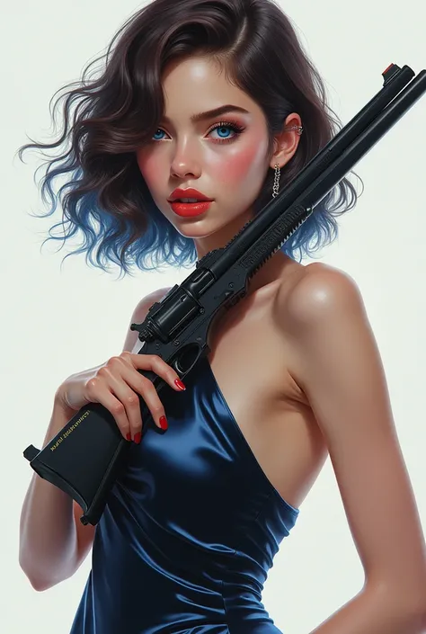 Create a highly detailed hyperrealistic drawing of a beautiful Indonesian woman with short brown wavy blue hair blue eyes red lips wearing a shiny black high blue satin dress holding a long barreled pistol