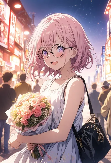 １People Girls, masterpiece, Highest quality, Highly detailed CG Unity 8k wallpaper, Anime illustration. Wear an oversized tank top, Wearing a sexy dress., paw poseのポーズ, She closes her eyes and opens her mouth wide, smile. Pink Hair Color, Light purple eyes...