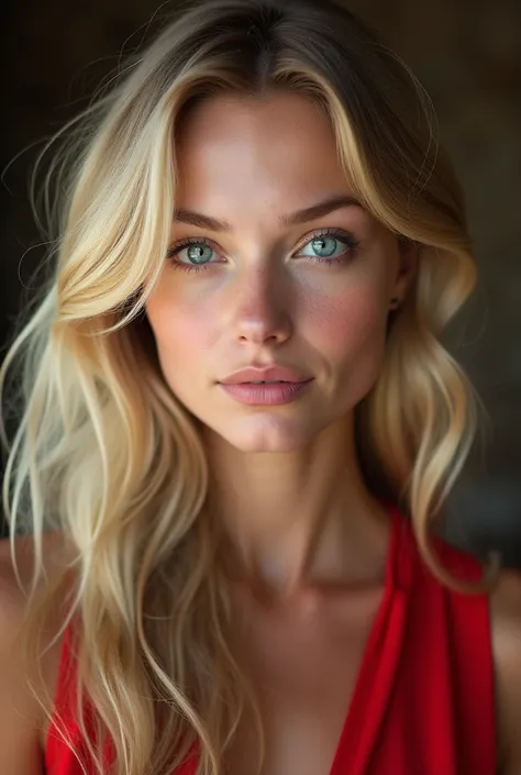 Create a realistic image of a 20 year old woman, longs cheveux blonds, Blue-green eyes dressed in red 