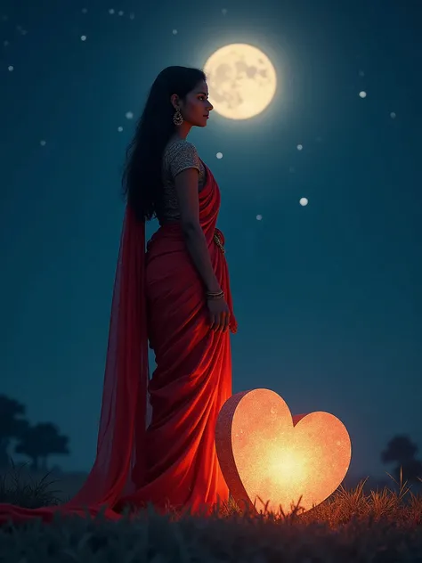 There is a 22 year old Indian girl she is wearing a red saree and she is standing in the moonlight nights there is a very big heart shaped stone in front of her