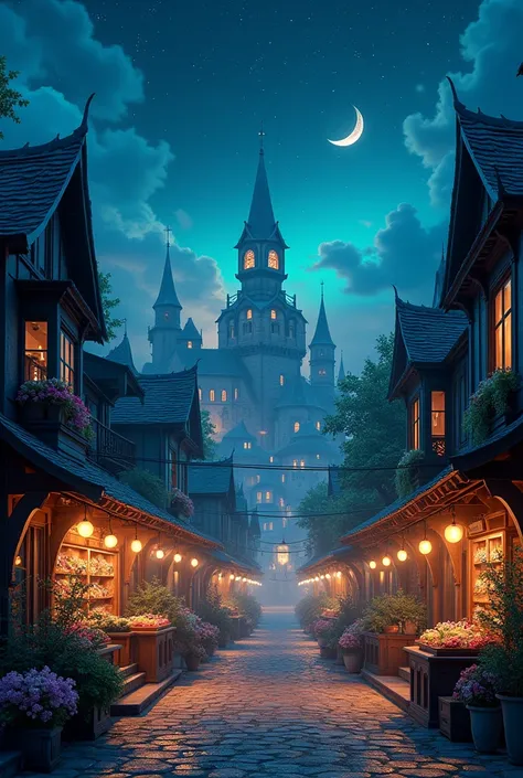 Deserted cityscape、magic、night、Crescent Moon、A starry sky、shooting star、market、Open-air business、Cobblestone Street、Western city、Plants、flower、Miscellaneous city、There are a lot of things、Beautiful City、Fantasy