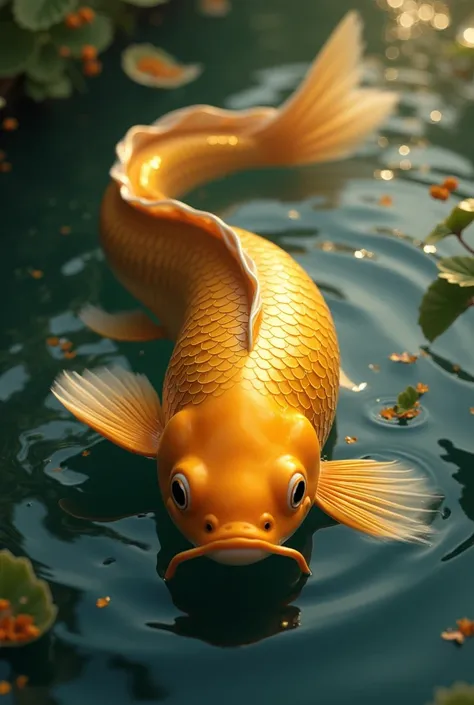 A big golden fish with a long body and beautiful long fins is swimming.