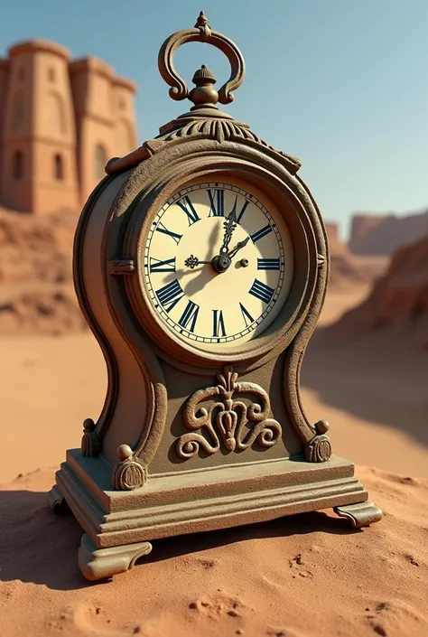 An old clock with Roman numerals inside a desert