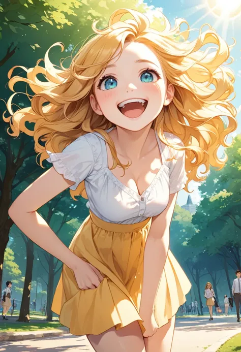 detailed illustration, dynamic angle, ultra-detailed, illustration, 1girl, 18 year old, school girl, cyan eyes, white blouse, long blonde hair, smiling, happy, wavy hair, yellow sun dress, sunny day, park, giggling, laughing, medium breasts, cleavage, thig...