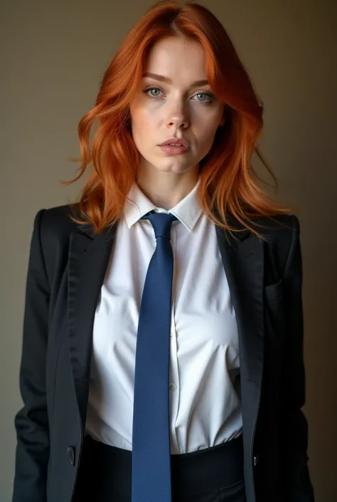 Ginger woman wearing a white shirt with a blue tie and a black blazer over the top and a skirt with big breasts