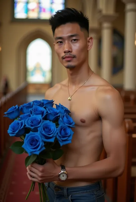 k hd，8K resolution，professional photoshooting，profesional lighting，two very attractive vietnam men，30 age old，brush cut，tall and fit，cool guy，A person holds a bouquet of blue roses in his hand, shirtless， Impressive appearance，In a luxurious and modern cat...