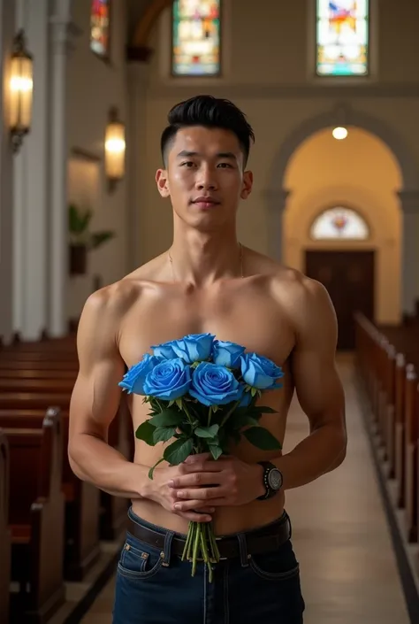 k hd，8K resolution，professional photoshooting，profesional lighting，two very attractive vietnam men，30 age old，brush cut，tall and fit，cool guy，A person holds a bouquet of blue roses in his hand, shirtless， Impressive appearance，In a luxurious and modern cat...