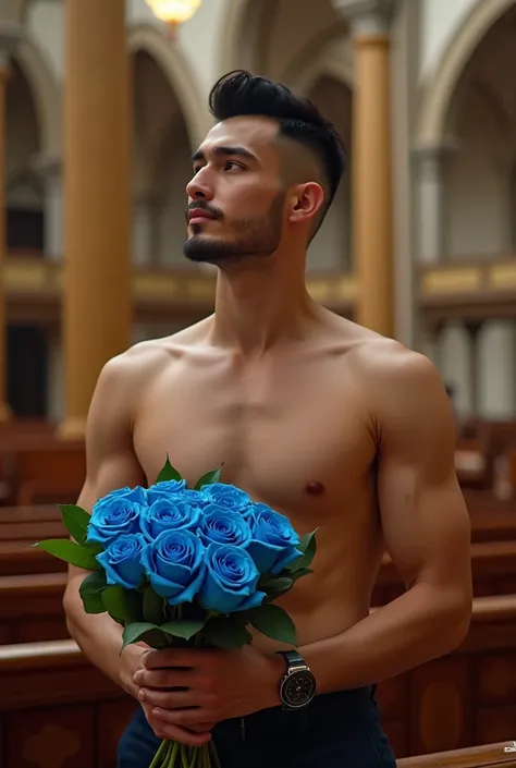 k hd，8K resolution，professional photoshooting，profesional lighting，two very attractive vietnam men，30 age old，brush cut，tall and fit，cool guy，A person holds a bouquet of blue roses in his hand, shirtless， Impressive appearance，In a luxurious and modern cat...