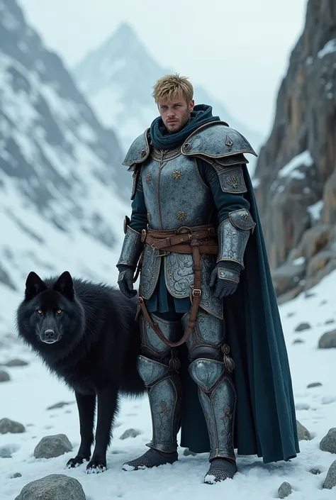 Man with semi-short blond hair in armor in a snowy environment with a giant black wolf at his side 