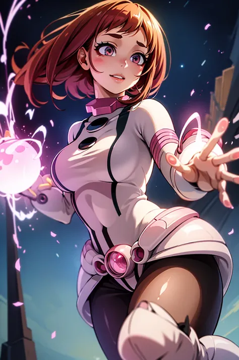 uraraka, sexy, 1girl, beautiful detailed eyes, beautiful detailed lips, extremely detailed facial features, long eyelashes, floating in the air, pink hair, cheerful expression, anime style, magical girl outfit, energy effects, dynamic pose, glowing light e...