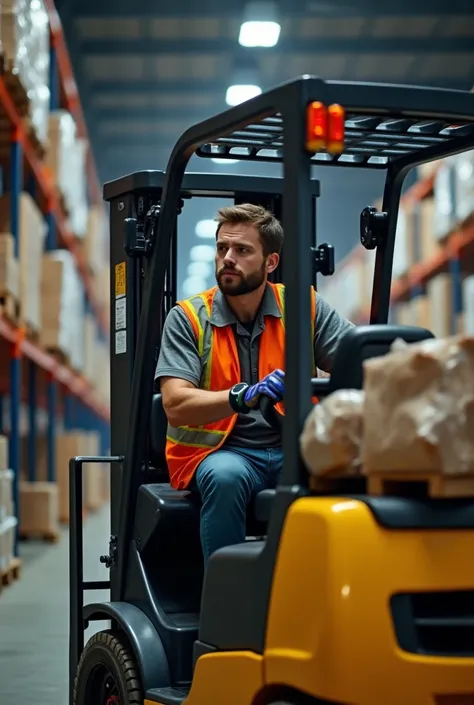 a young man operating a forklift  