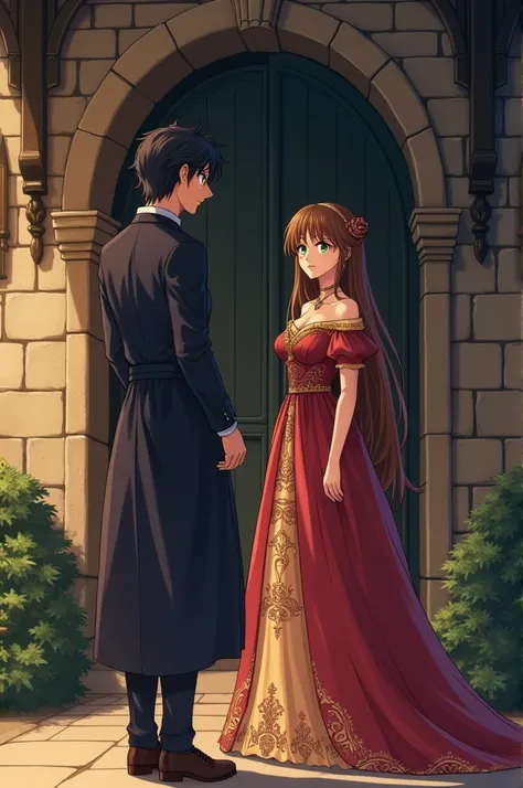 Anime version (medieval) at the entrance of a house a man with dark hair with a stunned look seeing a woman with long brown hair with green eyes a little shy with a magnificent evening dress