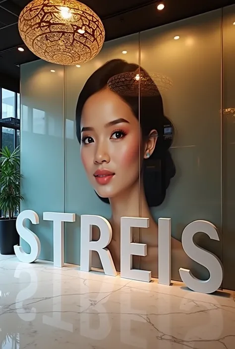 Realistic photo, tipograpy 3D transparent transparent wall very large in a hotel lobby with the word "STRESS CREATOR SWAP GRATIS tuk yang suka" with a picture of a very beautiful Indonesian woman, in front of the image with a large 3D letter written "" wri...