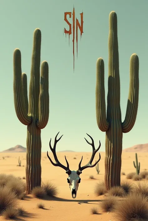 Desert a two cactus with a deer skull in the center a little above with SN above flying in the center 