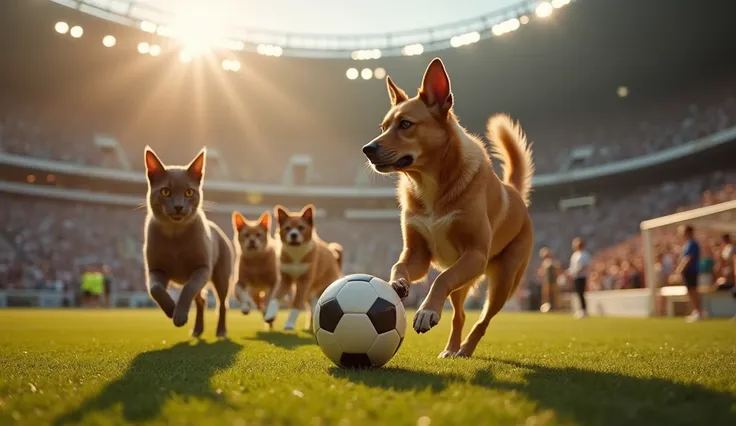 Dogs and cats playing football watched by humans with great atmosphere in a stadium of heat