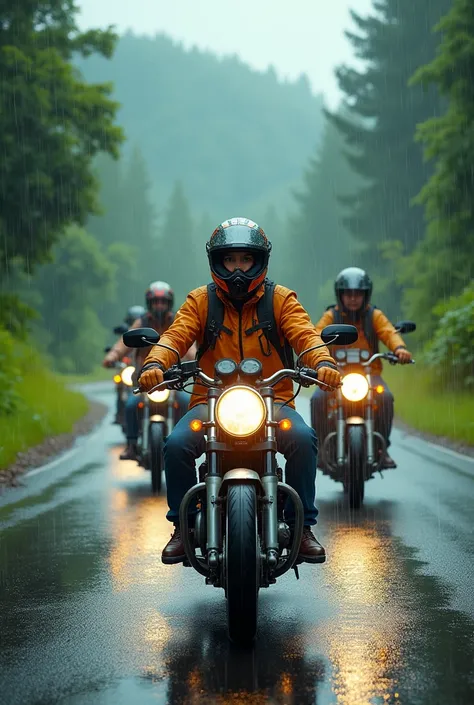 Group of frens going to a road trip to waterfall in theirs motorbikes, its raining,