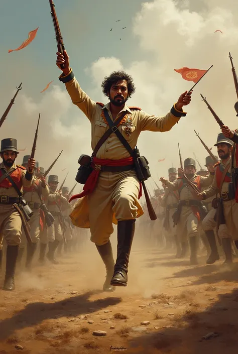 Mangal Pandey raising his musket, attacking British officers. He could be shown in a dynamic pose, with the officers trying to defend themselves. This scene can be set in an open field or parade ground, symbolizing the beginning of the revolt.
