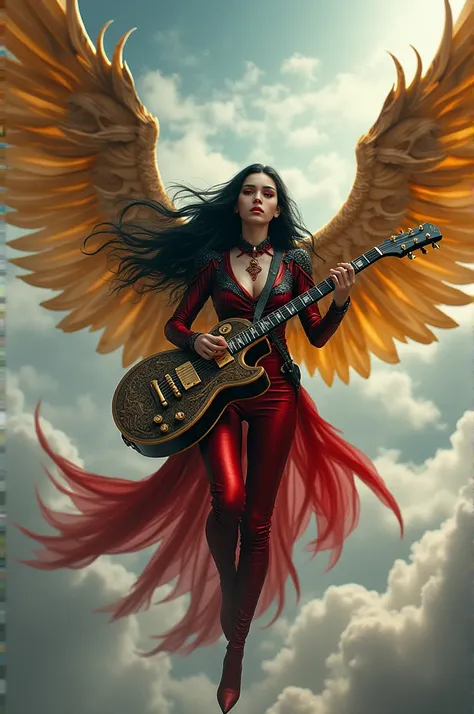 Half angel half demon girl holding a guitar she has gigantic golden wings she sings with the guitar red and black suit red eyes long black hair she flies in the skies 