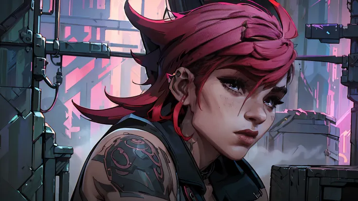 solo, vi, arcane, league of legends, pink hair, dark eye liner, perfect eyes, perfect face, boyish facial features, side shave, ...