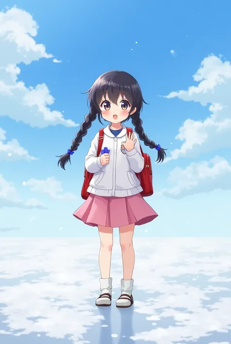 (alone:1.5),girl1人(very cute),like,Soft Skin,(girl:2.0),red面,child,Dark Eyes,Black Hair,Shiny Hair,Braided twin tails,Pink Skirt,White jacket（Blue Ribbon),Japanese school bags（red）, Character Focus,Front view,Cute Smile,Please wave your right hand,Exhale w...