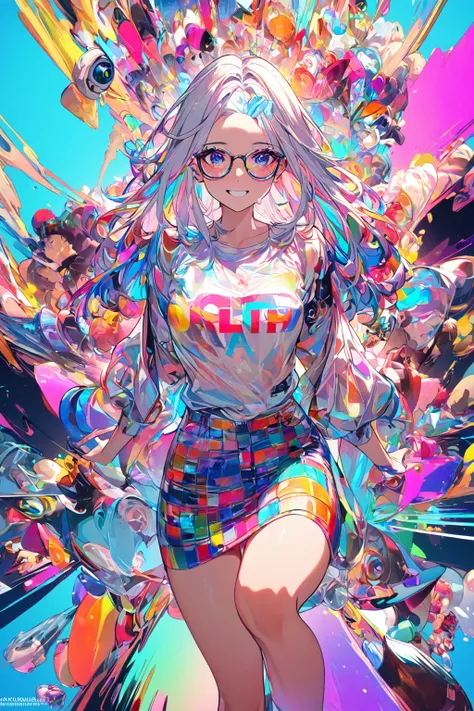 masterpiece,bestquality,superwideangle,fingeraudience,1girl,pinkandwhitehair,hand,cuteanimeface,tears,masterpiece,glasses,transparentcolorPVCclothing,transparentcolorvinylclothing,wholebody,glitchlump}onface,smile,mediumhair,filmgrain,lens_flare,colorful,c...