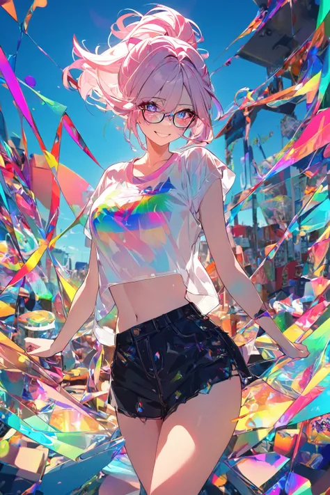 masterpiece,bestquality,superwideangle,fingeraudience,1girl,pinkandwhitehair,hand,cuteanimeface,tears,masterpiece,glasses,transparentcolorPVCclothing,transparentcolorvinylclothing,wholebody,glitchlump}onface,smile,mediumhair,filmgrain,lens_flare,colorful,c...