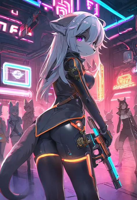 masterpiece, best quality, novel illustration, highres, steam-punk meets sci-fi, rubber suit, neon lights glowing, station platform crowded, (1boy, 1girl, hero, heroine, kemono, furry, anthro), shoots weapon, alluring neon-glow, steam-punk world, gothic at...