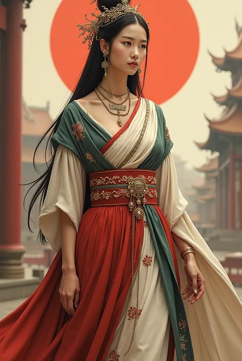 Combines the clothing of ancient Greco-Roman culture with the clothing of ancient China