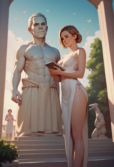 Emma Watson transforming into a statue, frightened