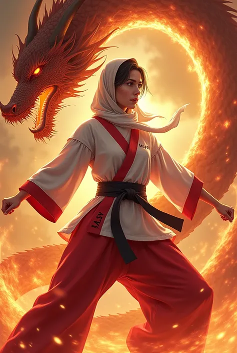 young woman in hijab with red and white karate uniform. surrounded by dragon and fire. on the karate uniform there is a writing "Miya"