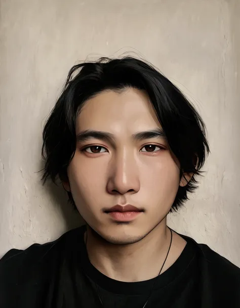 arafed asian man with a black shirt and a necklace, halfbody headshot, headshot profile picture, androgynous face, frontal picture, clean shaven wide face, around 1 9 years old, heavy eyes to the side, headshot photo, with no facial features, clean shaven ...