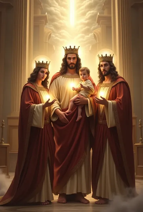 (photorealism:1.2), handsome Jesus Christ and virgin Mary carrying handsome baby Jesus, perfect real images, wearing the brown color of palace clothes and crown with  light in their head and heart spreading all over in the church, perfect Jesus Christ, per...