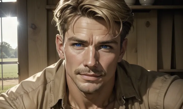 [((highly detailed, detailed eyes, detailed face, clear and realistic facial features, photorealistic, realistic light, cinematic)), (1 man), Mark is a handsome and alluring slender but muscular male farmer father middle-aged mature with short blond hair a...