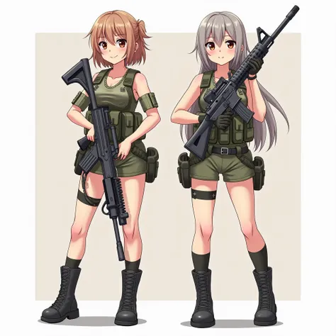 Two lightly armed beautiful girl soldiers wearing compression shorts. Anime style. Small breasts.