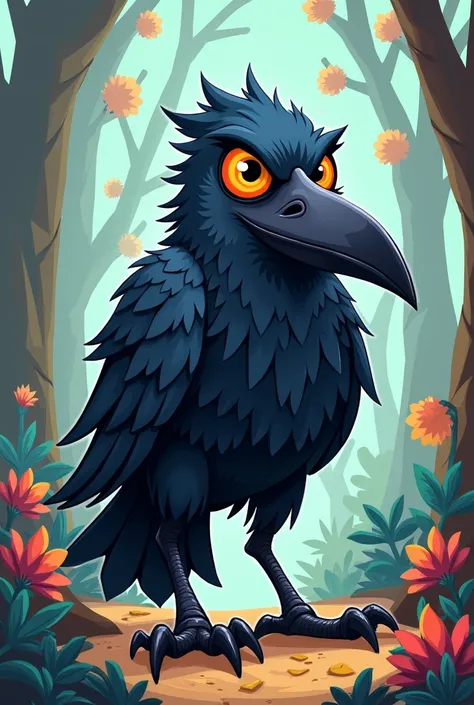 Humanoid with Crow, with a bright gaze and an imposing beak and sharp claws, cartoon-like