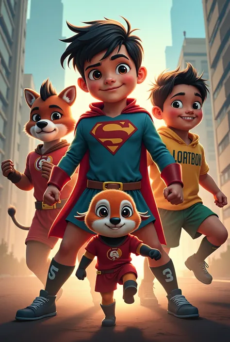 Please create an image of the art as if it were from a superhero movie now., the name is "the league of the cubs" and the heroes are, Enzo Destiny, big headed boy who controls minds, Bernardo&#39;s Little Horse, a half horse half human mexican who wears a ...