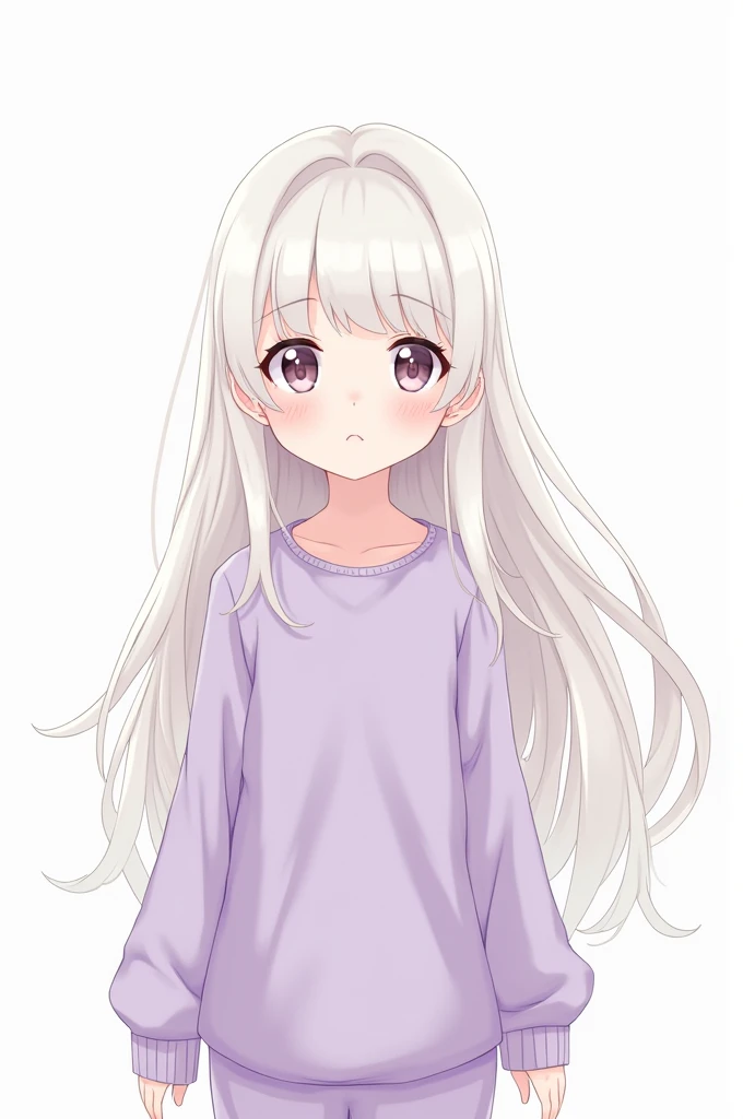 fanart girl, wearing purple, white hair, cartoon, anime, long hair, baby face, plain background, look like korean, cute