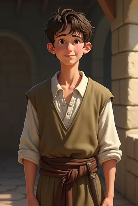 man, White skin, black eyes, short messy brown hair, with a kind smile, and simple medieval clothing 