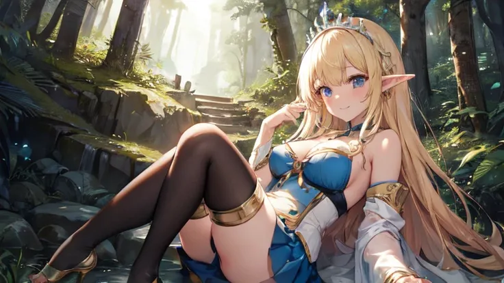 best quality、Highest image quality、Super beautiful elf beauty((22-year-old OL with big bust、Bust 90,Beautiful long permed hair、Blonde、Slender、beautiful tiara、high quality、Elf ears、Happy smile、myth、Sexy的、extremely good、Mysterious Forest、in the woods、super h...