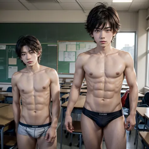 Anime boy in underwear in a classroom 