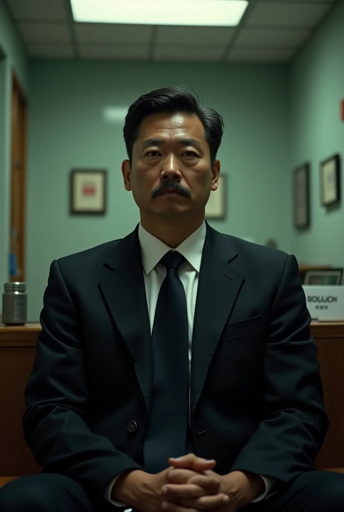 (photorealistic) realistic image of a (Asian male),adult,mustache, (slim build), (dark eyes), wearing a (black suit), sitting in police station with a (serious face), capturing a (Kodak color film look), featuring a (grainy texture), surrounded by a pictur...