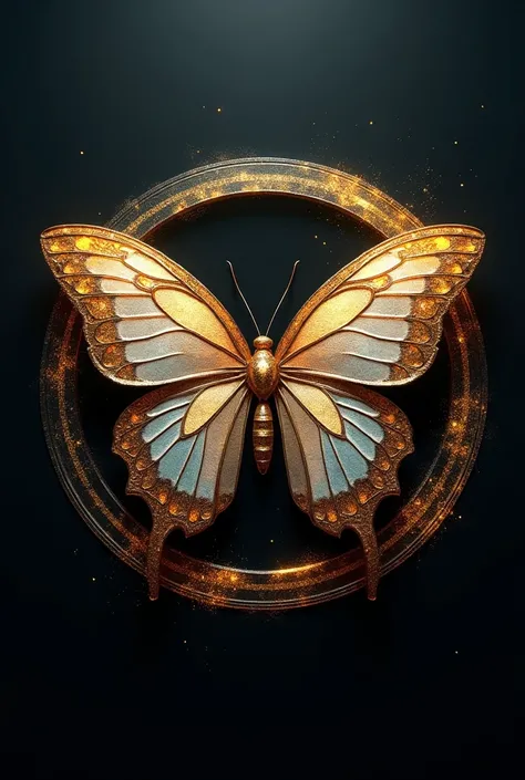 Create a 3D illusion circle logo of Butterfly with gold and glittering fonts, highly realistic image of Butterfly 